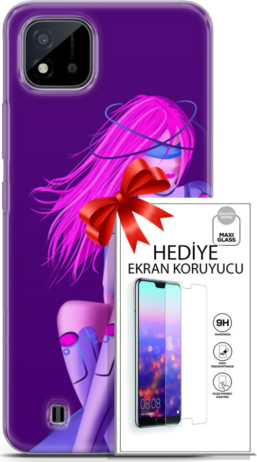Realme C11 2021 Kılıf Orijinal Seri Cyberpunk 02 Pembe Saçlı Kapak Ve Ekran Koruyucu
