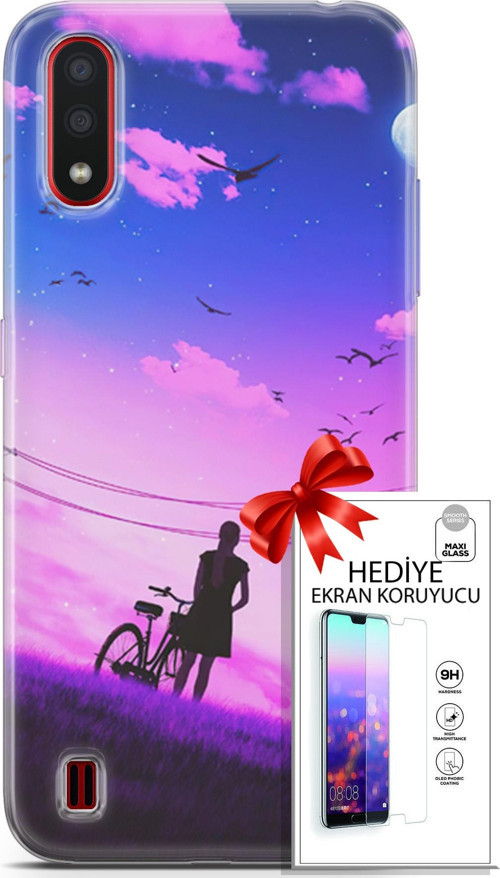 Samsung Galaxy A01 Kılıf Orijinal Seri Algorand 28 Bisikletli Kız İz Bırakmayan Kılıf + Ön Ekran Koruyucu
