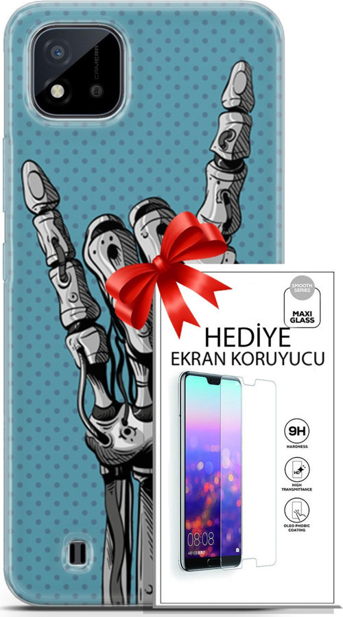 Realme C11 2021 Kılıf Orijinal Seri Cyberpunk 07 Robot Eli Desenli Kılıf + Ön Ekran Koruyucu