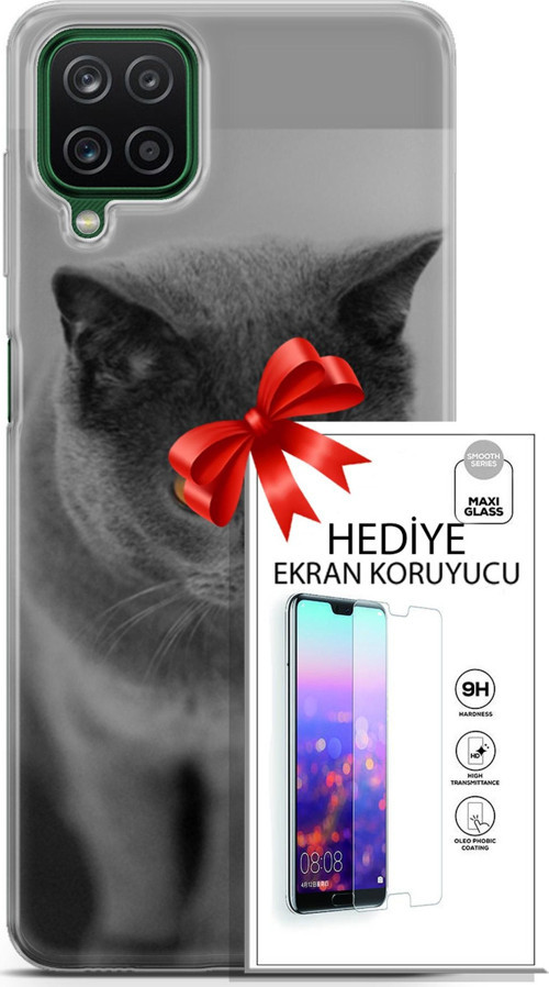 Samsung Galaxy A12 Kılıf Orijinal Seri Scotish-British 04 Turuncu Göz Silikon Kılıf + Ekran Koruyucu