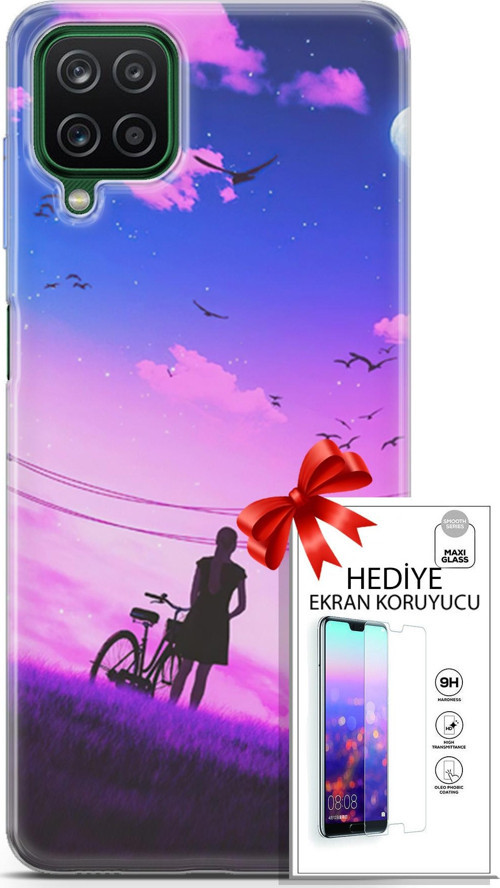 Samsung Galaxy A12 Kılıf Orijinal Seri Algorand 28 Bisikletli Kız İz Bırakmayan Kılıf + Ön Ekran Koruyucu
