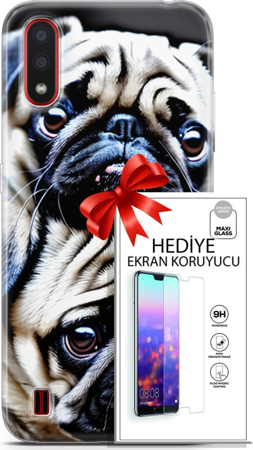Samsung Galaxy A01 Kılıf Orijinal Seri Dogs 20 İkili Pug Renkli Kılıf Ekran Koruyucu