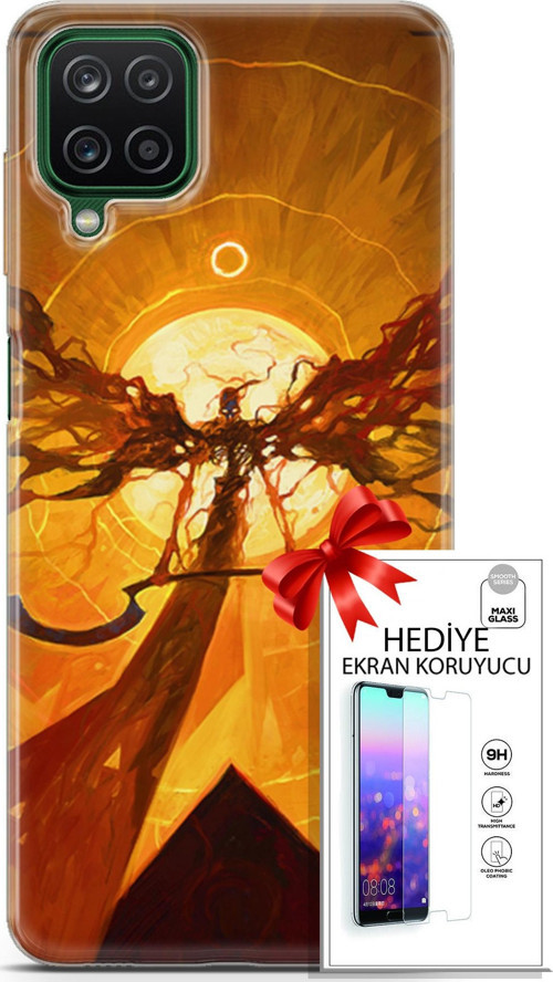 Samsung Galaxy A12 Kılıf Orijinal Seri Cardano 27 Şeytan Lazer Kesim Silikon Ekran Koruyucu