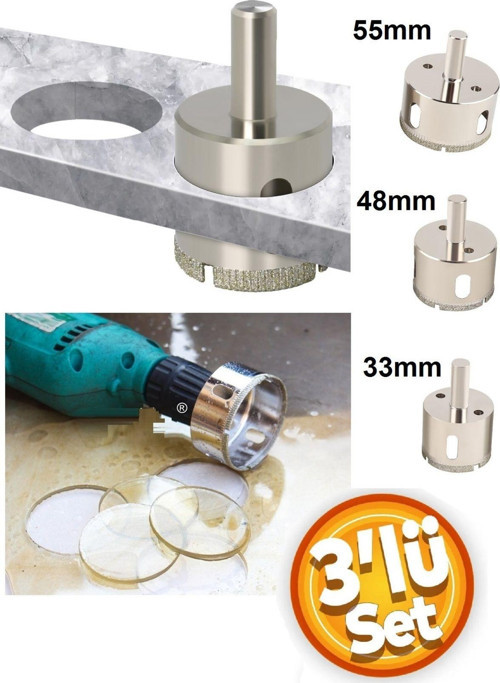 Mermer Granit Fayans Cam Yuvarlak Delme 33-48-50-55Mm Matkap Uyumlu Elmaslı Boru Tipi 3Lü Panc