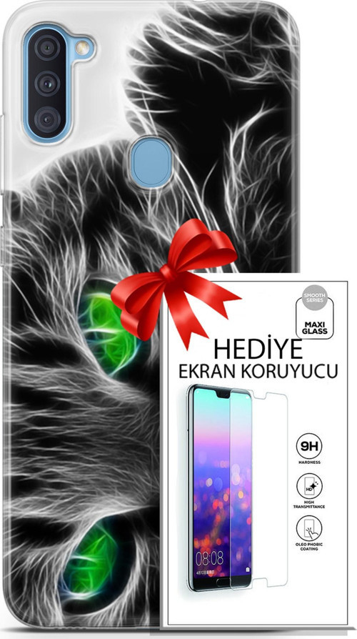 Samsung Galaxy A11 Kılıf Orijinal Seri Scotish-British 27 Yeşil Gözlü Kedi Lazer Kesim Silikon Ekran Koruyucu