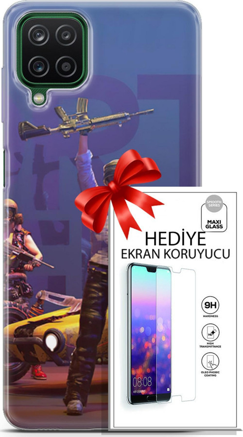 Samsung Galaxy A12 Kılıf Orijinal Seri Pubg 05 Silahlı Karakter Koruma Kılıfı + Ekran Koruyucu