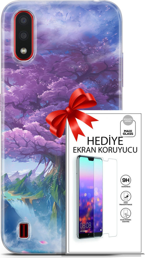 Samsung Galaxy A01 Kılıf Orijinal Seri Fantasy 27 Bahar Ağaç Lazer Kesim Silikon Ekran Koruyucu