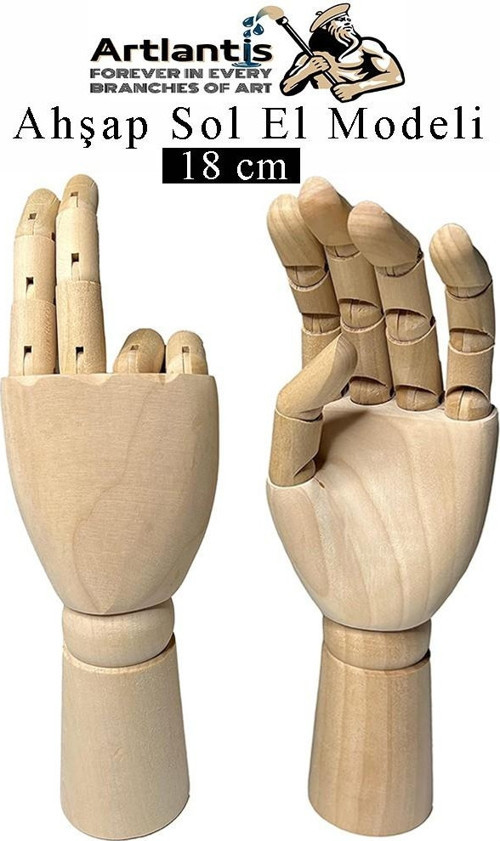 Ahşap Sol El Modeli 18 cm 1 Adet Sol El Maketi Çoçuk Ahşap Manken Sol El Parmak Model Hareketli Esnek Eskiz Çizim Boyama