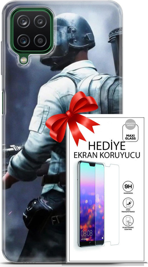 Samsung Galaxy A12 Kılıf Orijinal Seri Pubg 11 Sırt Çantalı 4K Baskılı Kılıf + Ekran Koruyucu Full Koruma