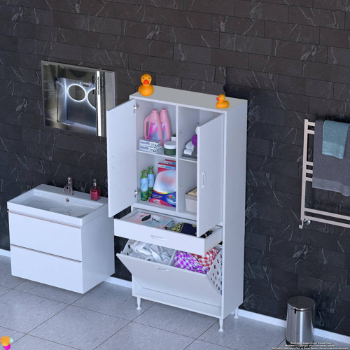 YENİ AFRA 80x173x32,5 cm' lik 1 Çekmece, 2 Göz Sepet, 2 Kapak, 4 Raf Dar Alan Banyo Dolabı