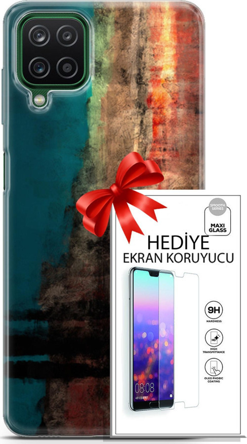 Samsung Galaxy A12 Kılıf Orijinal Seri Nature 03 Yeşil Turuncu Taş Arka Kapak + Ekran Koruyucu