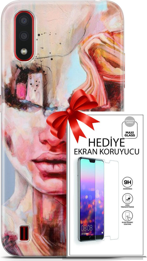 Samsung Galaxy A01 Kılıf Orijinal Seri Soul 14 Beyaz Kırmızı Cover Kılıf + Ön Ekran Koruyucu