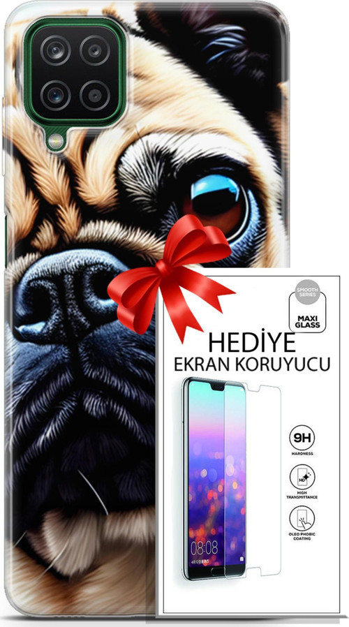 Samsung Galaxy A12 Kılıf Orijinal Seri Dogs 08 Pug Baskılı Kılıf + Ekran Koruyucu
