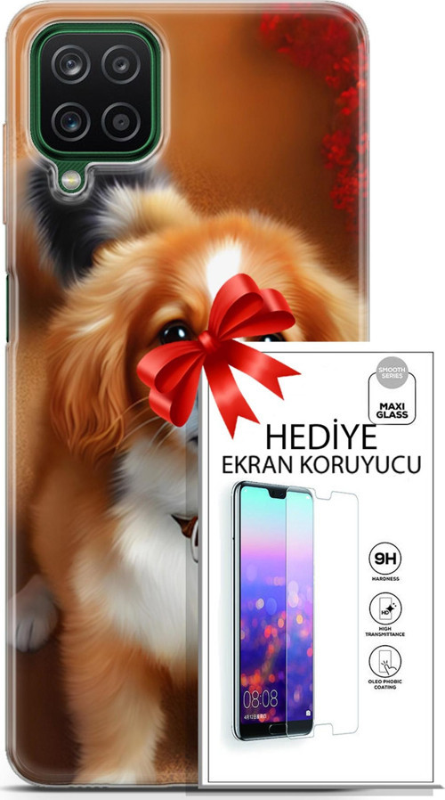 Samsung Galaxy A12 Kılıf Orijinal Seri Dogs 14 King Charles Spaniel Cover Kılıf + Ön Ekran Koruyucu