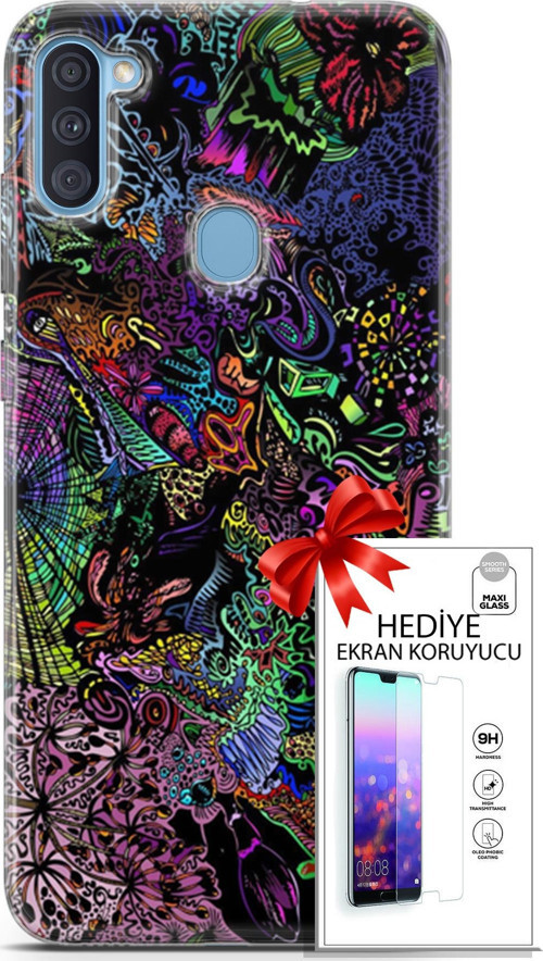 Samsung Galaxy A11 Kılıf Orijinal Seri Cardano 03 Karışık Renkler Arka Kapak + Ekran Koruyucu