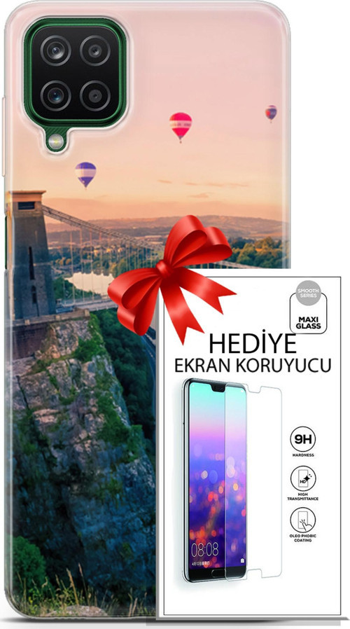 Samsung Galaxy A12 Kılıf Orijinal Seri Fantasy 07 Köprü Balonlar Desenli Kılıf + Ön Ekran Koruyucu