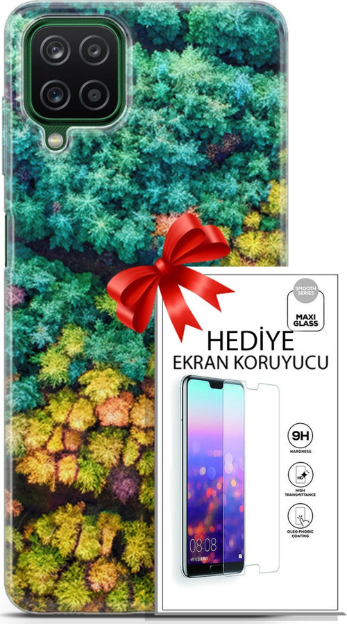 Samsung Galaxy A12 Kılıf Orijinal Seri Fantasy 08 Kuşbakışı Orman Baskılı Kılıf + Ekran Koruyucu