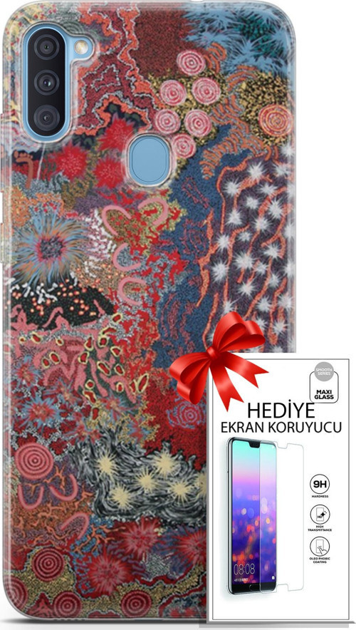Samsung Galaxy A11 Kılıf Orijinal Seri Cardano 07 Suluboya Desenli Kılıf + Ön Ekran Koruyucu