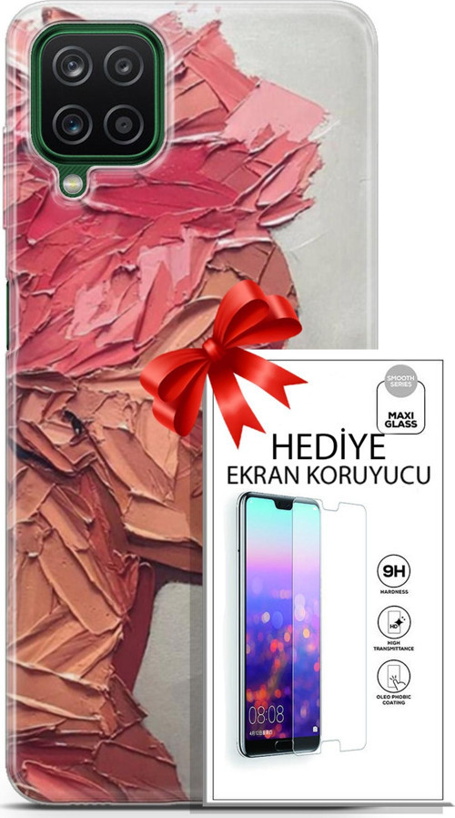 Samsung Galaxy A12 Kılıf Orijinal Seri Soul 08 Pembe Baskılı Kılıf + Ekran Koruyucu
