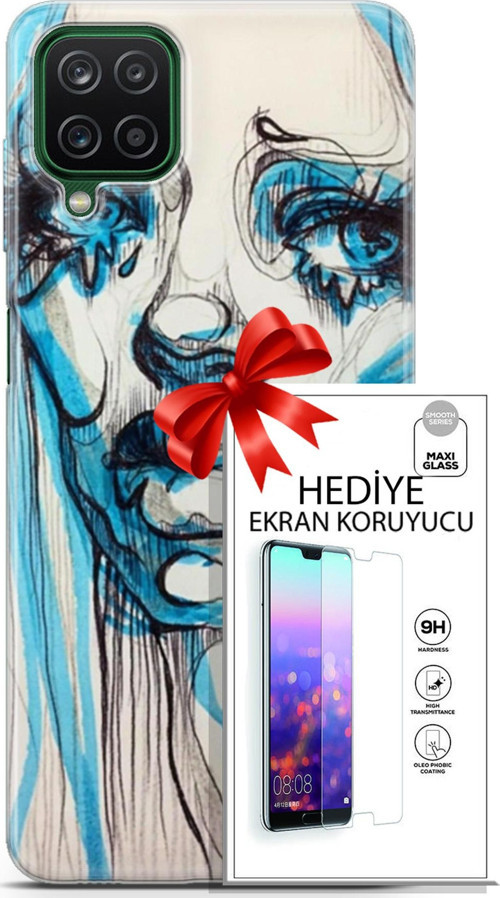 Samsung Galaxy A12 Kılıf Orijinal Seri Soul 26 Hüzünlü Yüz Soft Kapak + Ekran Koruyucu
