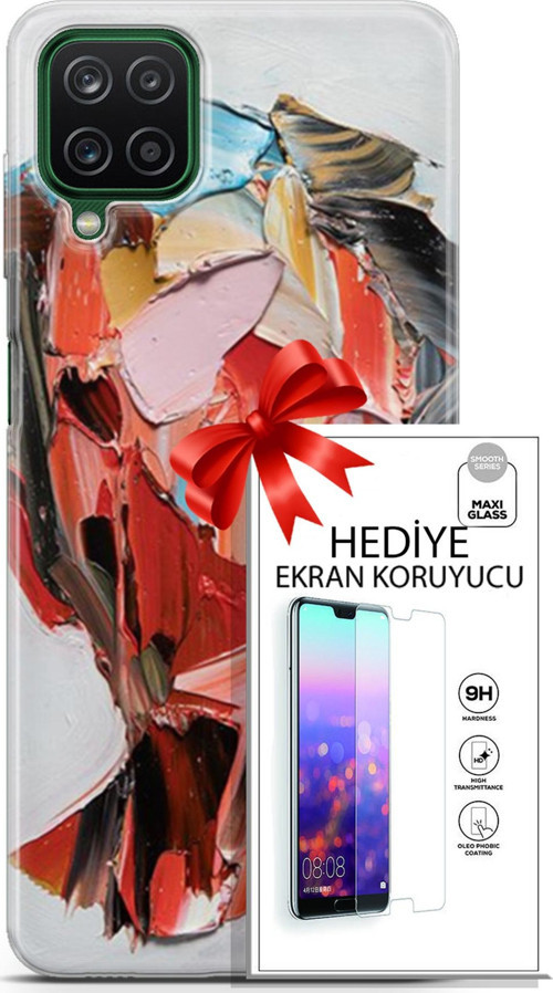 Samsung Galaxy A12 Kılıf Orijinal Seri Soul 09 Pembe Kırmızı Mavi Uv Kılıf Ve Ekran Koruyucu