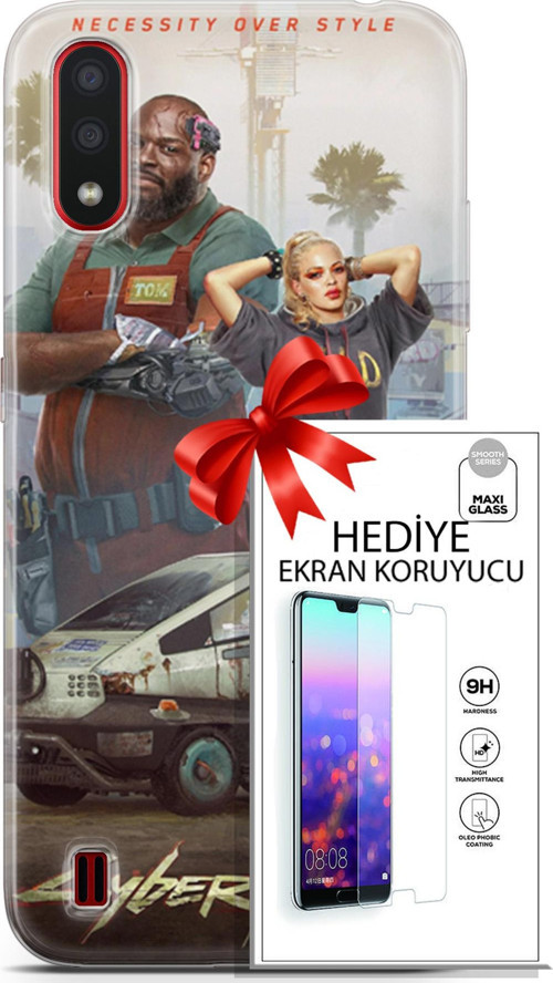 Samsung Galaxy A01 Kılıf Orijinal Seri Cyberpunk 21 2077 Darbe Önleyici Kapak + Ön Ekran Koruyucu