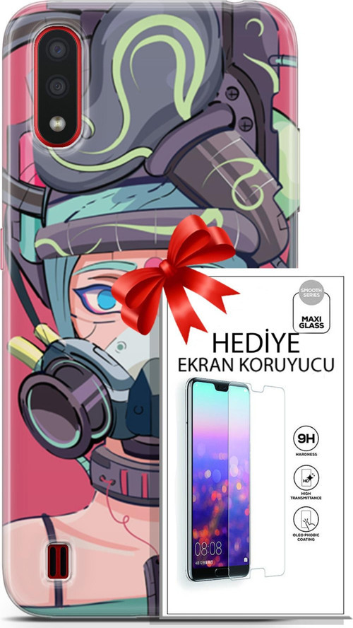 Samsung Galaxy A01 Kılıf Orijinal Seri Cyberpunk 06 Gaz Maskesi Koruyucu Kapak Ekran Koruyucu