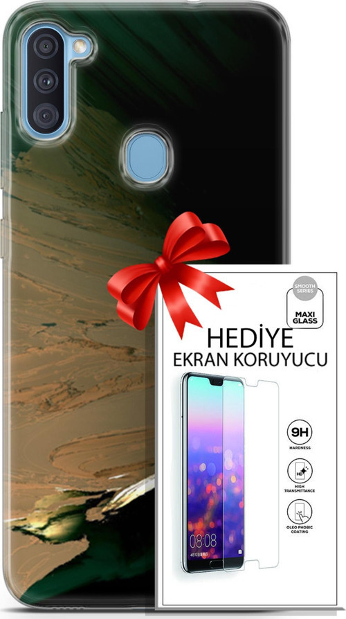 Samsung Galaxy A11 Kılıf Orijinal Seri Nature 02 Yeşil Sarı Kapak Ve Ekran Koruyucu
