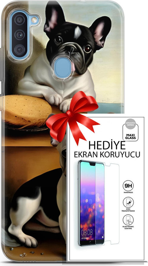 Samsung Galaxy A11 Kılıf Orijinal Seri Dogs 28 Fransız Bulldog İz Bırakmayan Kılıf + Ön Ekran Koruyucu