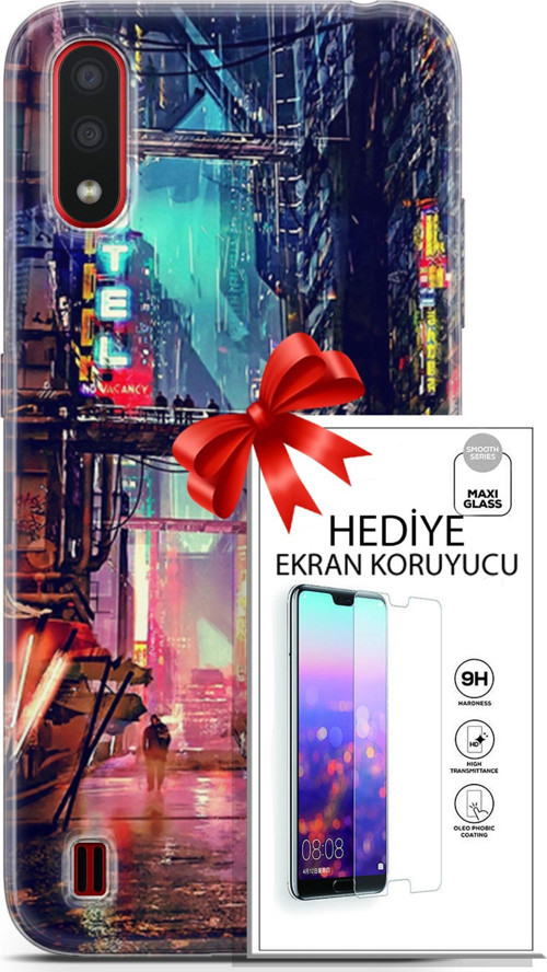 Samsung Galaxy A01 Kılıf Orijinal Seri Cyberpunk 14 Motel Cover Kılıf + Ön Ekran Koruyucu