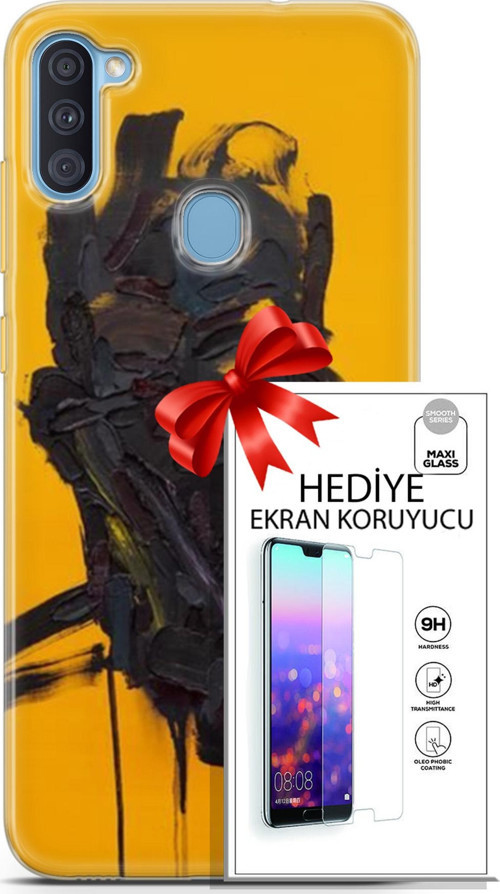 Samsung Galaxy A11 Kılıf Orijinal Seri Soul 07 Sarı Siyah Desenli Kılıf + Ön Ekran Koruyucu
