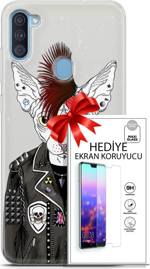 Samsung Galaxy A11 Kılıf Orijinal Seri Punky 06 Punk Kedi Sfenks Koruyucu Kapak Ekran Koruyucu