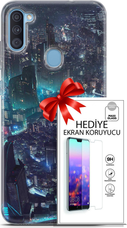 Samsung Galaxy A11 Kılıf Orijinal Seri Cyberpunk 17 Işıklı Şehir Yumuşak Kılıf + Ekran Koruyucu