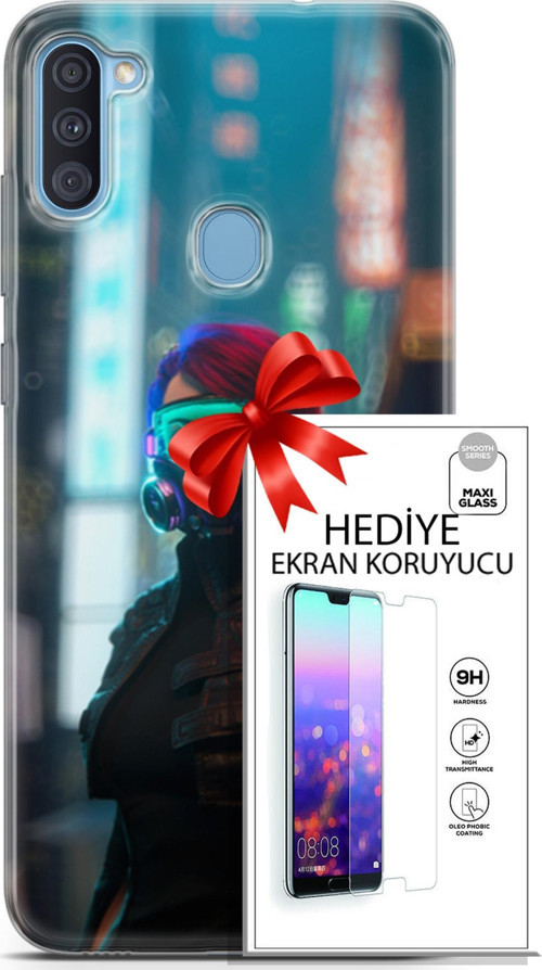 Samsung Galaxy A11 Kılıf Orijinal Seri Cyberpunk 04 Vr Glass Silikon Kılıf + Ekran Koruyucu Full Koruma