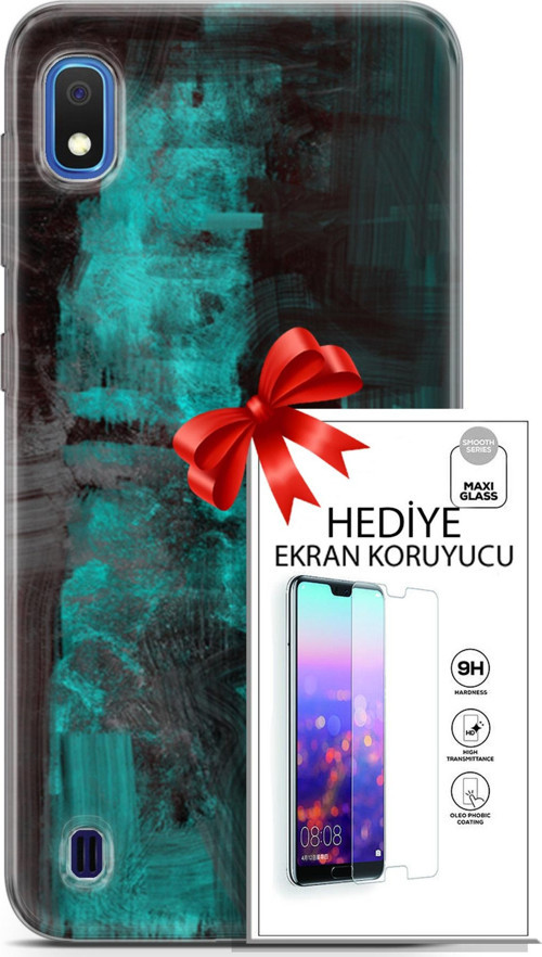 Samsung Galaxy A10 Kılıf Orijinal Seri Nature 11 Yeşil Siyah 4K Baskılı Kılıf + Ekran Koruyucu Full