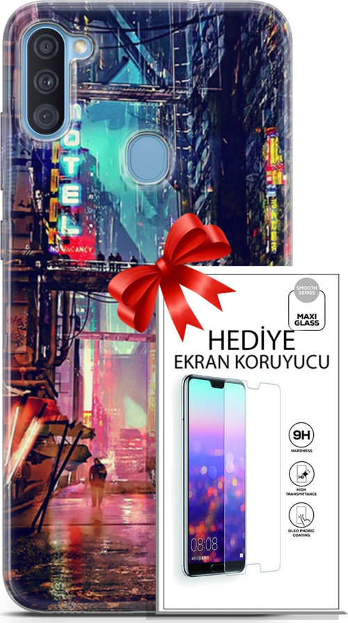 Samsung Galaxy A11 Kılıf Orijinal Seri Cyberpunk 14 Motel Cover Kılıf + Ön Ekran Koruyucu