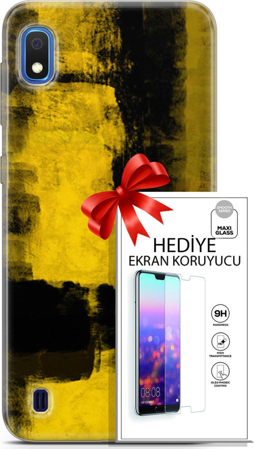 Samsung Galaxy A10 Kılıf Orijinal Seri Nature 08 Sarı Siyah Baskılı Kılıf + Ekran Koruyucu