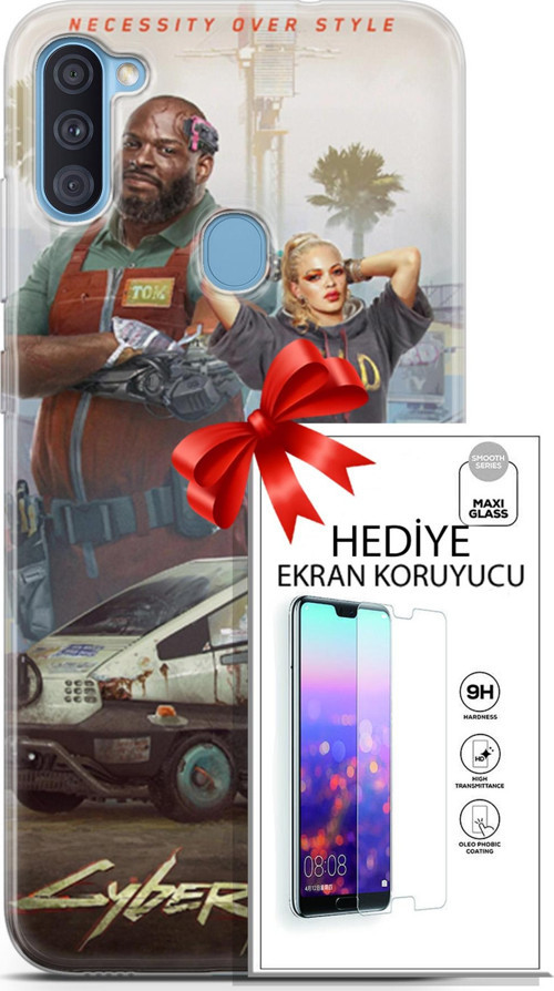 Samsung Galaxy A11 Kılıf Orijinal Seri Cyberpunk 21 2077 Darbe Önleyici Kapak + Ön Ekran Koruyucu