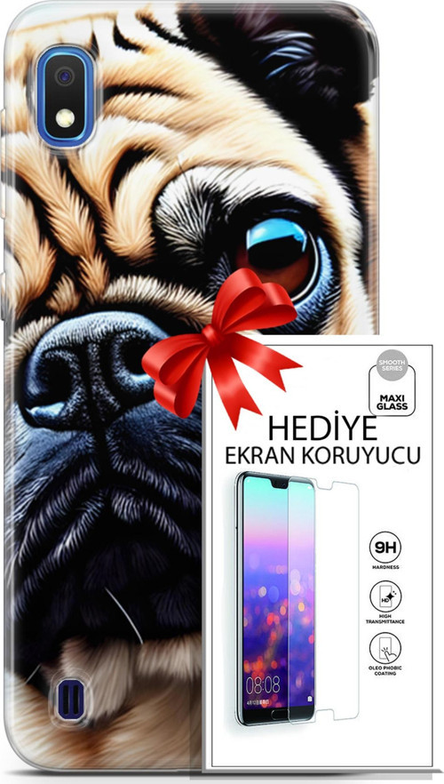 Samsung Galaxy A10 Kılıf Orijinal Seri Dogs 08 Pug Baskılı Kılıf + Ekran Koruyucu