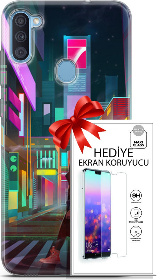 Samsung Galaxy A11 Kılıf Orijinal Seri Cyberpunk 05 Neon City Koruma Kılıfı + Ekran Koruyucu