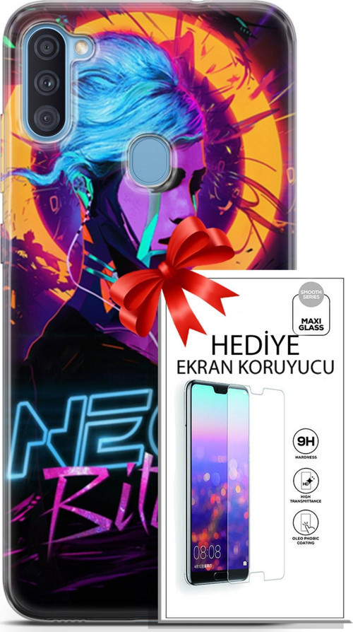 Samsung Galaxy A11 Kılıf Orijinal Seri Cyberpunk 25 Neon Soyulmayan Kılıf + Ekran Koruyucu Full Koruma