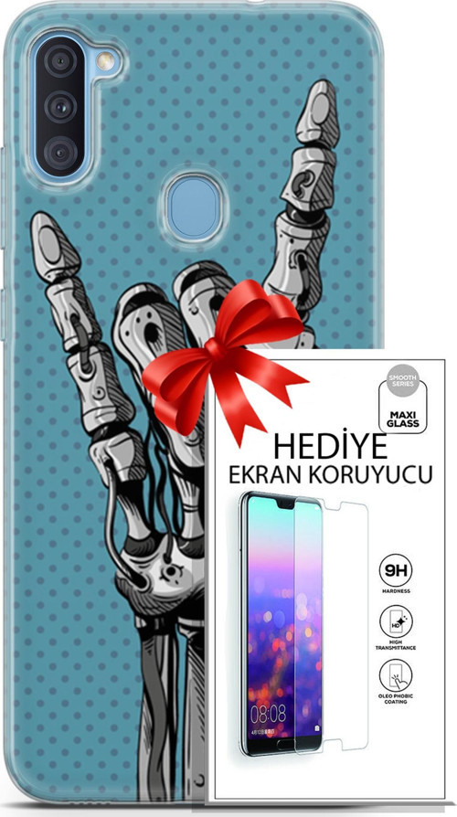 Samsung Galaxy A11 Kılıf Orijinal Seri Cyberpunk 07 Robot Eli Desenli Kılıf + Ön Ekran Koruyucu