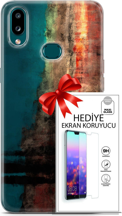 Samsung Galaxy A10S Kılıf Orijinal Seri Nature 03 Yeşil Turuncu Taş Arka Kapak + Ekran Koruyucu