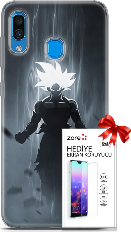 Samsung Galaxy A20 Kılıf Orijinal Seri Supers 27 Dark Goku Lazer Kesim Silikon Ekran Koruyucu