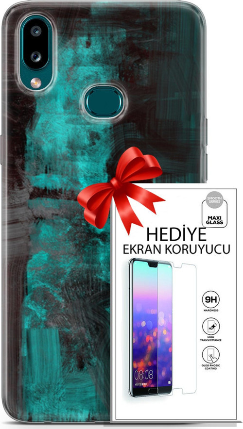Samsung Galaxy A10S Kılıf Orijinal Seri Nature 11 Yeşil Siyah 4K Baskılı Kılıf + Ekran Koruyucu Full