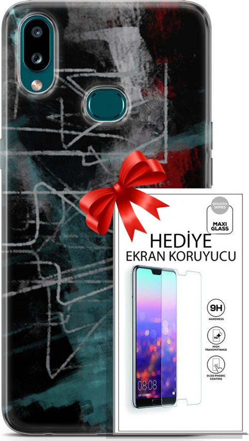 Samsung Galaxy A10S Kılıf Orijinal Seri Nature 07 Gri Çizgiler Desenli Kılıf + Ön Ekran Koruyucu