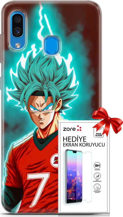 Samsung Galaxy A20 Kılıf Orijinal Seri Supers 04 Goku Mavi Ejderha Silikon Kılıf + Ekran Koruyucu Fu
