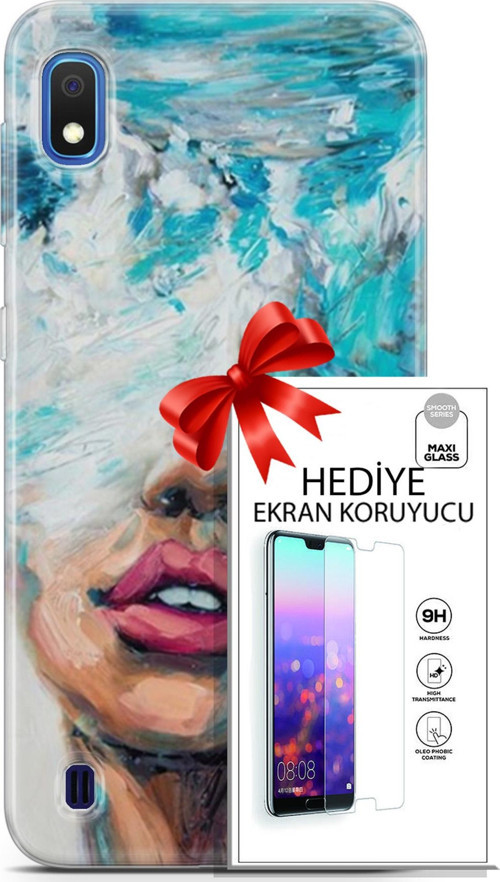 Samsung Galaxy A10 Kılıf Orijinal Seri Soul 12 Beyaz Mavi Tasarım Kılıf + Ekran Koruyucu