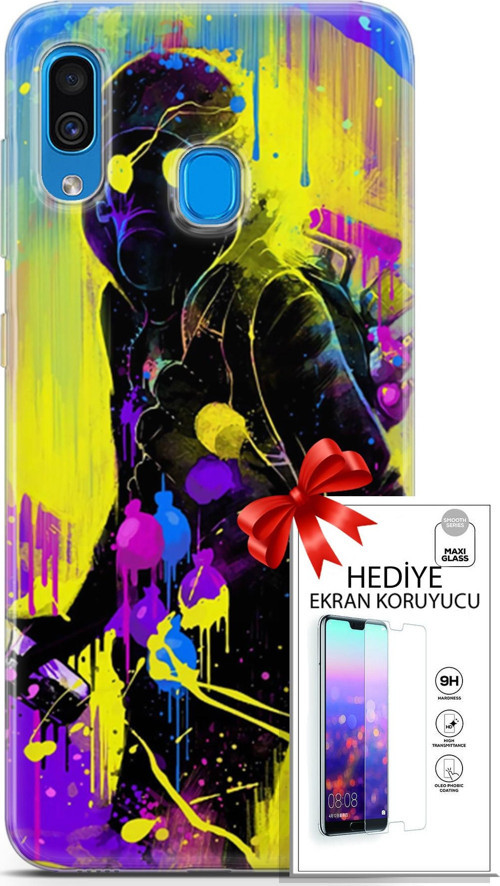 Samsung Galaxy A20 Kılıf Orijinal Seri Cardano 19 Sarı Mavi Mor Tam Koruma Kılıf + Ekran Koruyucu