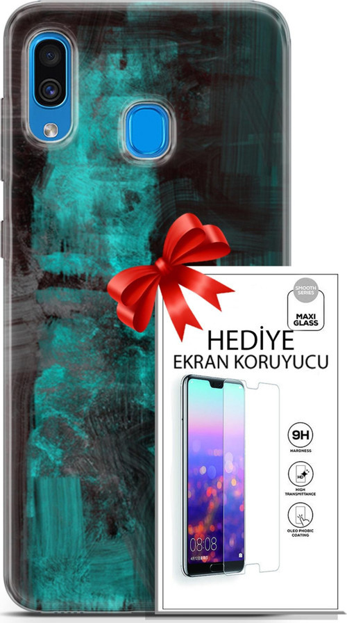 Samsung Galaxy A20 Kılıf Orijinal Seri Nature 11 Yeşil Siyah 4K Baskılı Kılıf + Ekran Koruyucu Full